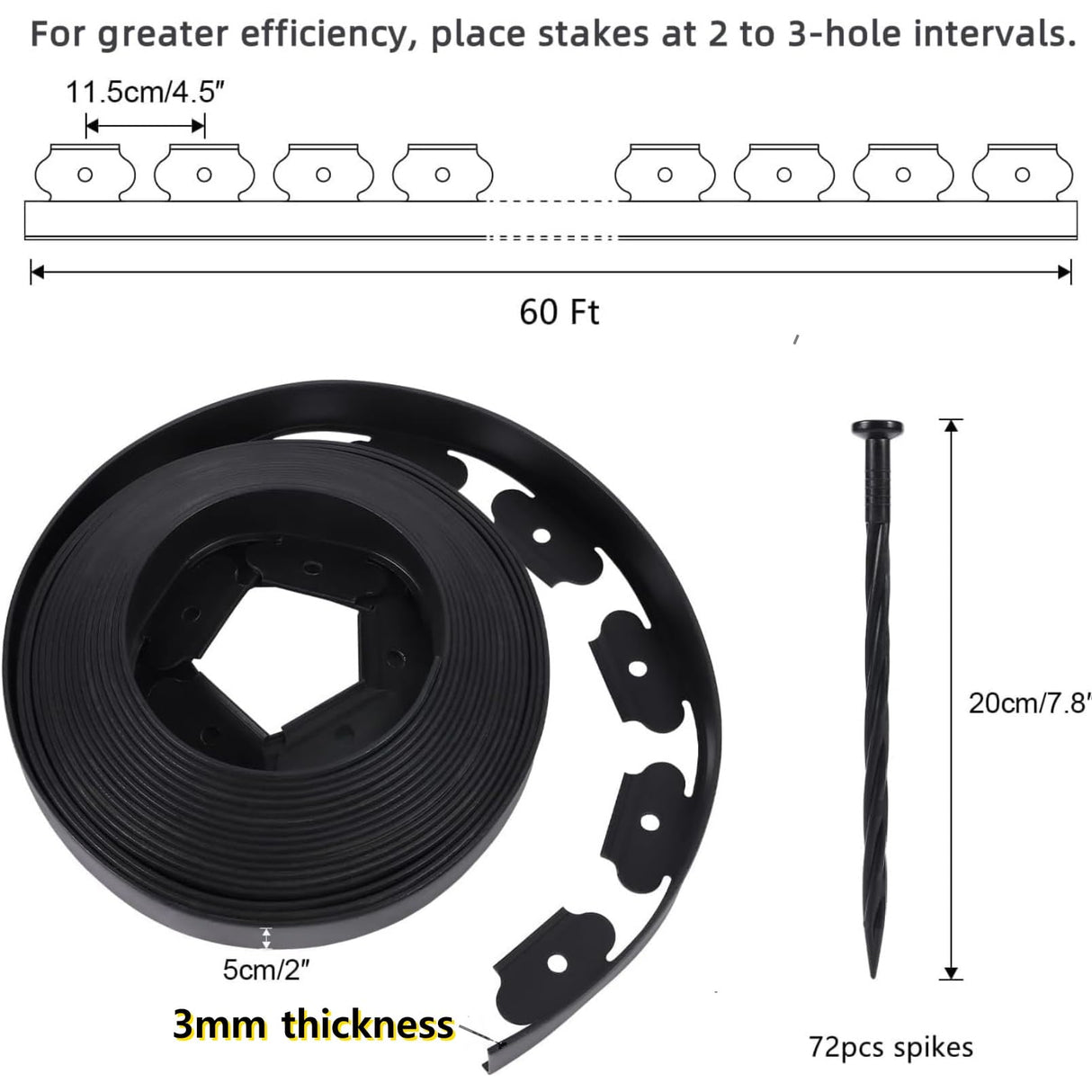 No Dig Durable Garden Landscape Edging Kit, 2" Tall Black Plastic Lawn Border for Landscaping, Flower Gardens, Lawn (100FT+ 120pcs Anchoring Spikes, Black)