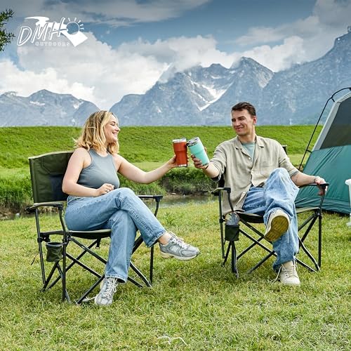 Heavy Duty Folding Camping Chair for Adults Oversized Camping Chairs Steel Frame Support 400 lbs, Metal Arm Lawn Chairs with Swivel Cup Holder, Hollow Backrest, Extra Large Outdoor Chairs, Green