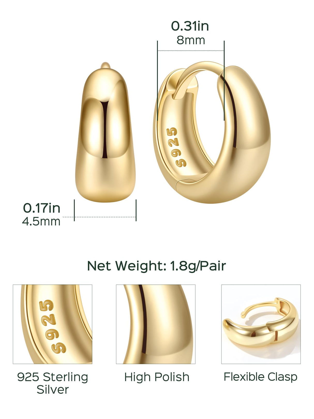 ChicSilver 14K Gold Plated Huggie Hoop Earrings 8mm, 925 Sterling Silver Tiny Gold Hoop Earrings for Women, Hypoallergenic Lightweight