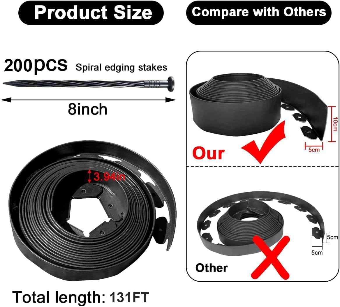 Garden Edging Borders 131FT,Landscape Edging Black[Extra Tall 4IN High] with 200pcs Plastic Stakes, Lawn Edging Flexible DIY Fence for Landscaping,Flower Bed,Grass,Gravel,Tree Surrounding