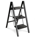 Double Elite Folding 3 Step Ladder, Sturdy 330 Lbs Load Small Step Stool for Adults, Safer Full Steel Multi-use Kitchen Ladder for Home, Closet Step Stool Ladder with Wide Pedals, Black, 3-Step