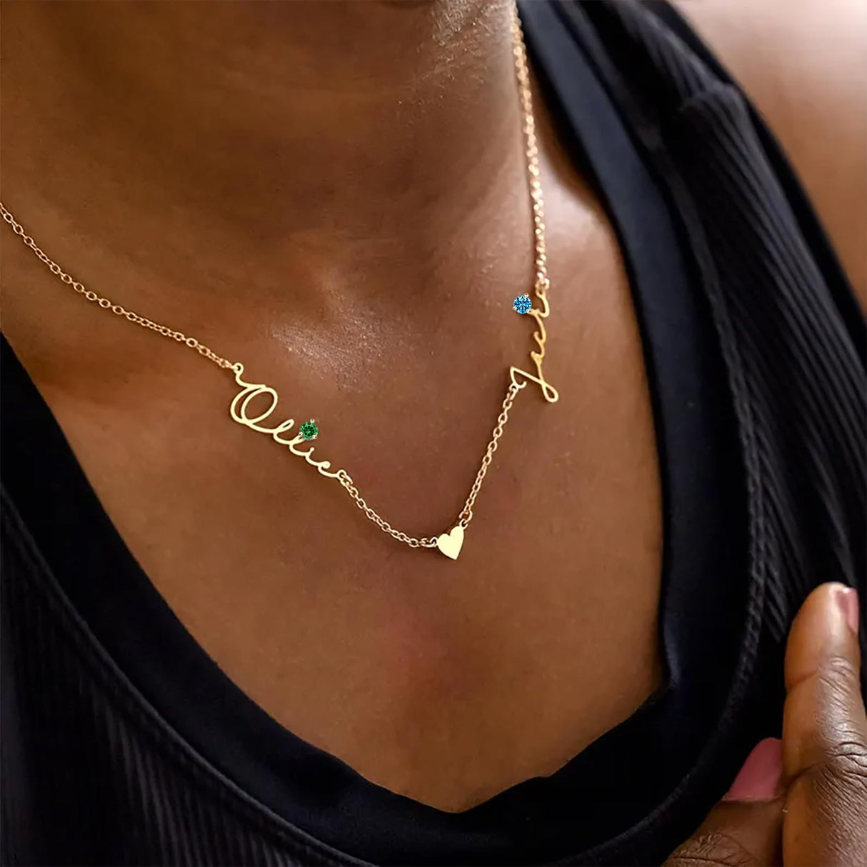 Ajiangwu 18K Gold Plated Name Necklace with Birthstone,Multiple Custom Name Necklace Personalized Family Necklace with Children Names Customized Choker Necklace for Women (2 Names with Birthstone)