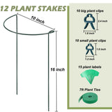 12 Pack Plant Support Stakes, Size 10"x16", Come with 15 Pcs Plant Labels, 20 Pcs Plant Clips, 7ft Plant Ties, Metal Garden Peony Cages and Supports for Potted Plants Tomato Hydrangea
