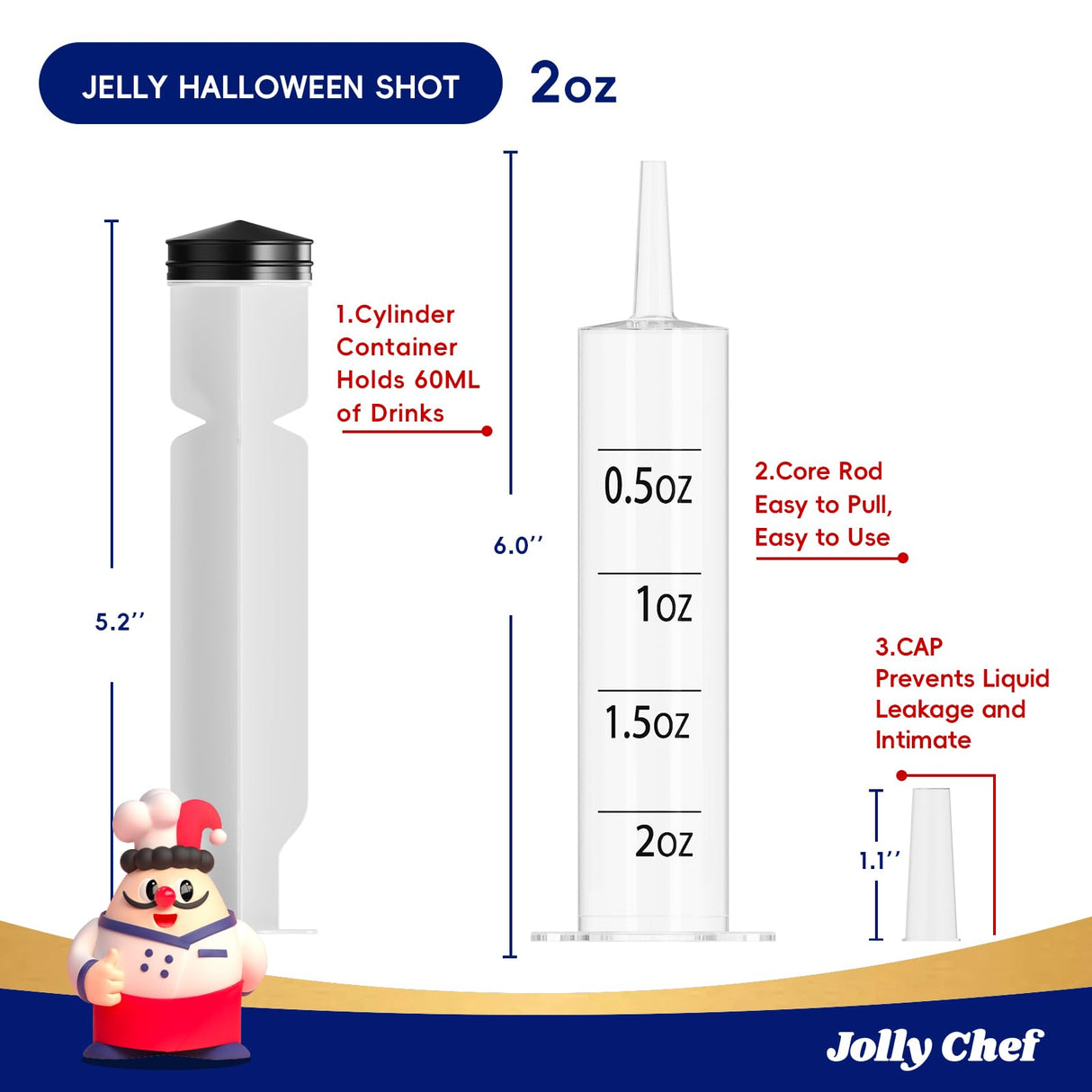 60 PACK 2 oz Party Jelly Syringes Shot, BPA Free, Washable, Durable Big Springe for Jelly Shot for Halloween, Thanksgiving Day, Christmas Bachelorette Parties