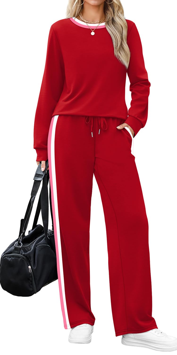 WIHOLL Womens Matching Sets 2 Piece Christmas New Year Eve Outfits Long Sleeve Tops Shirts Going Out Clothing Airport Cute Red L