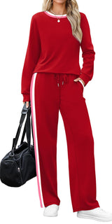 WIHOLL Womens Matching Sets 2 Piece Christmas New Year Eve Outfits Long Sleeve Tops Shirts Going Out Clothing Airport Cute Red L