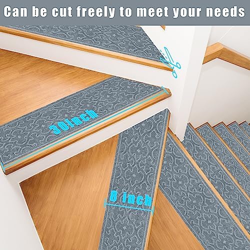 15Pcs Stair Treads for Wooden Steps Indoor with Self Adhesive, 8"x30" Non Slip Stair Runners-Peel & Stick Indoor Stair Carpet Runner, Resistant Indoor Runner for Kids、Elders and Pets, Light Gray