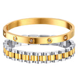 MPRAINBOW 2pcs 18K Gold Plated Chain Link Bracelet, Stainless Steel Crystal Friendship Bracelets Bangle,Watch Band Chains Wristband Jewelry with Adjust Tool