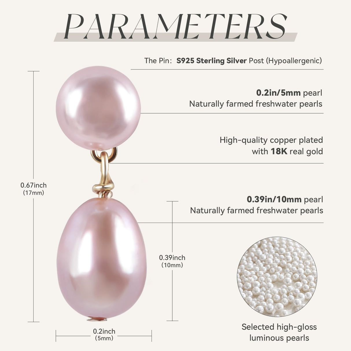 Mini Pearl Drop Earrings for Women - Petite Pink Double Pearl Studs (5mm Top + 10mm Drop), Real Freshwater Cultured, S925 Silver Hypoallergenic Post, 18K Gold Plated Dainty Jewelry
