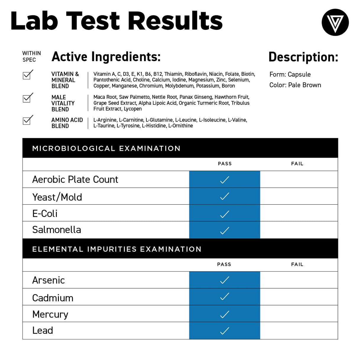 Vital Vitamins Men's Multivitamin Complex - Made with Essential Amino Acids & Maca Root - with Vitamin A, C, E, B6, B12, D3 & Male Performance Blend - Daily Mens Multivitamin - 60 Capsule