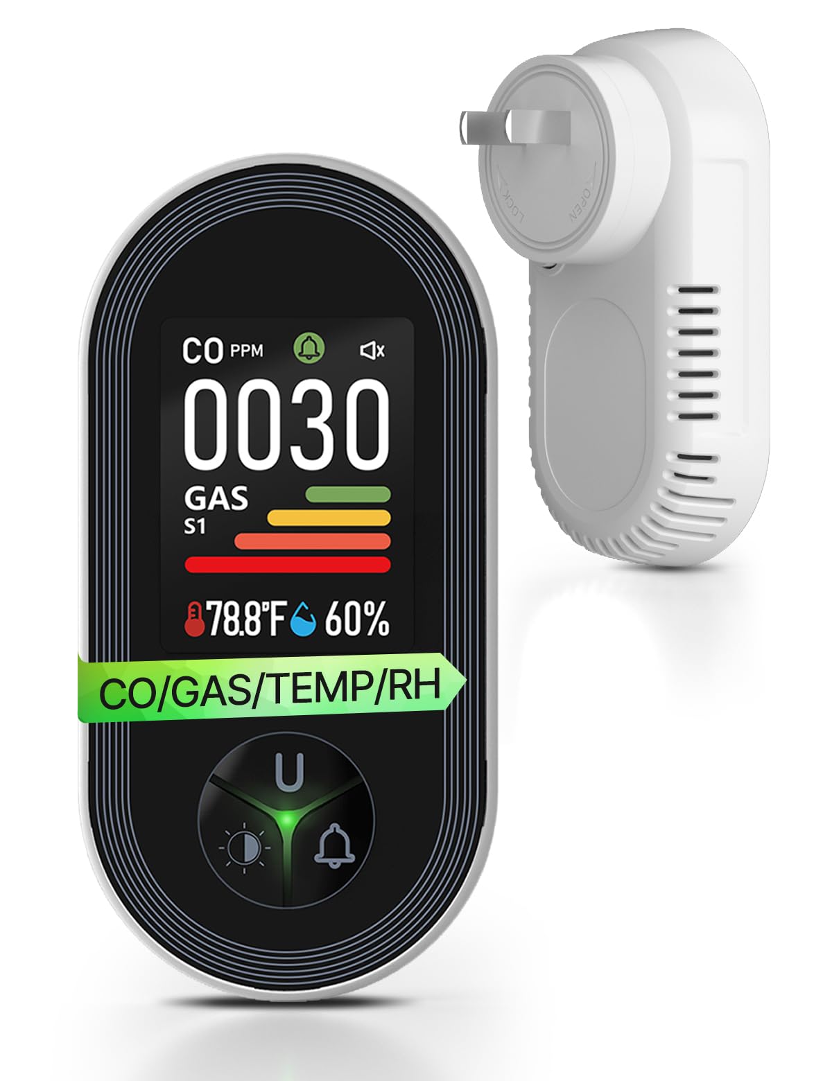 4IN1 Gas & Carbon Monoxide Detector Combination Plug in, CO Gas Monitor with Real-Time Temperature & Humidity Display, Alarm for Natural Gas, Propane