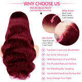 22inch 99j Burgundy Lace Front Wigs Human Hair Pre Plucked 180% Density 13x6 Body Wave HD Transparent Lace Frontal Glueless Wigs Human Hair Red Wigs For Black Women Natural Hairline with Baby Hair