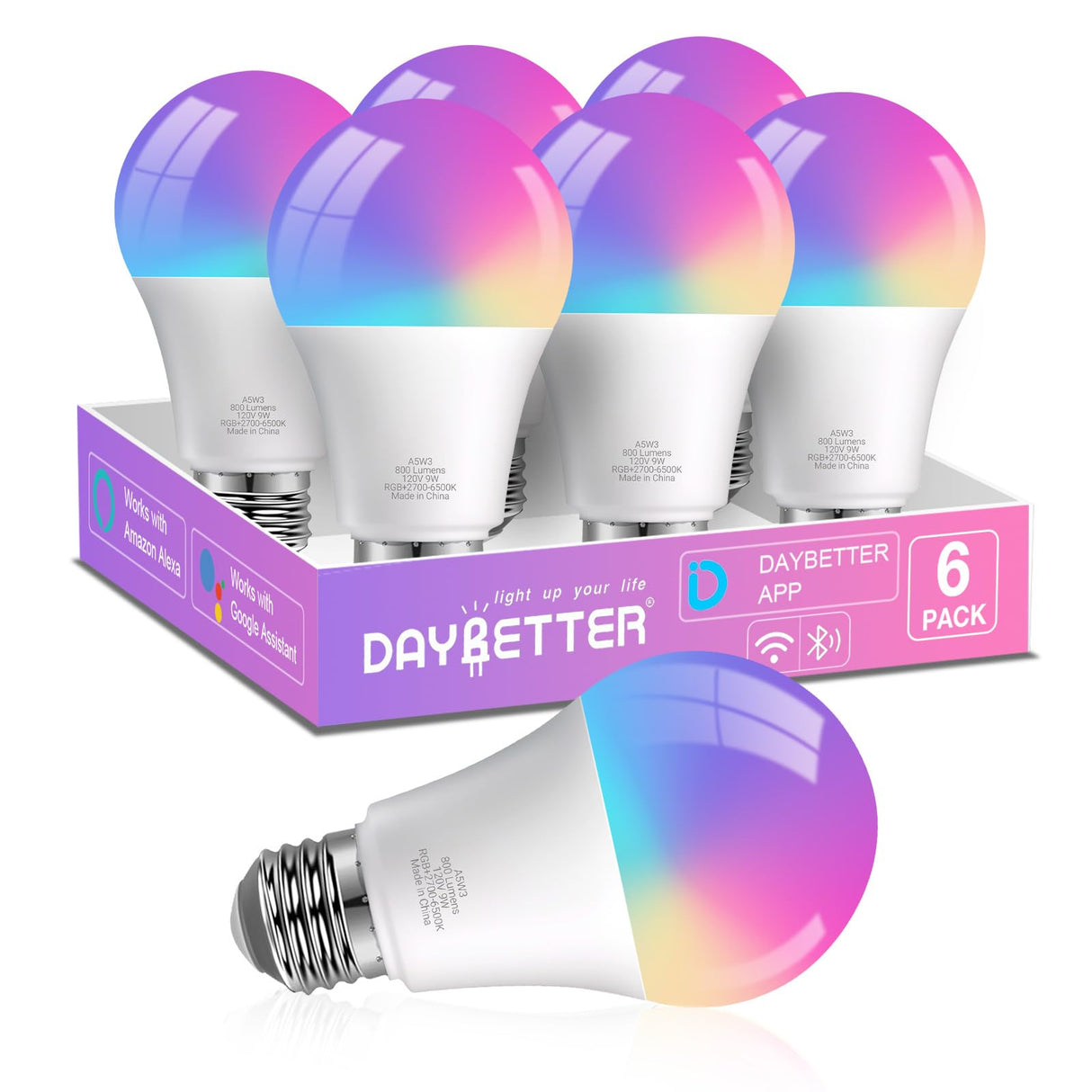 DAYBETTER Smart Light Bulbs, RGBCW Color Changing Smart Bulb Compatible with Alexa & Google Home,Preset Scene, Music Sync, A19 E26 2.4G WiFi Bluetooth Dimmable LED Bulbs, 60W Equivalent, 800LM, 6 Pack
