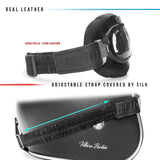 Bertoni Motorcycle Goggles Real Black Calfskin Leather AF191L Italy Vintage Aviator Bikers Glasses