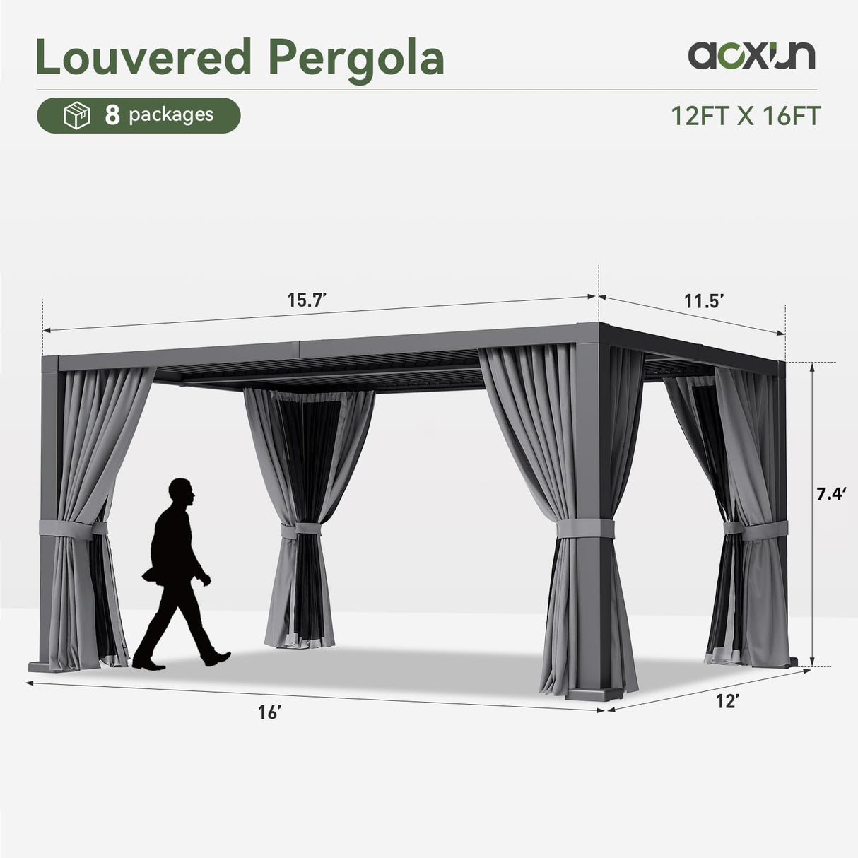 Aoxun Louvered Pergola 12x16 All-Aluminum Outdoor Gazebo with Independent Adjustable Roofs, Waterproof Curtains and Netting, Integrated Drainage System for Patios & Backyard