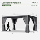 Aoxun Louvered Pergola 12x16 All-Aluminum Outdoor Gazebo with Independent Adjustable Roofs, Waterproof Curtains and Netting, Integrated Drainage System for Patios & Backyard