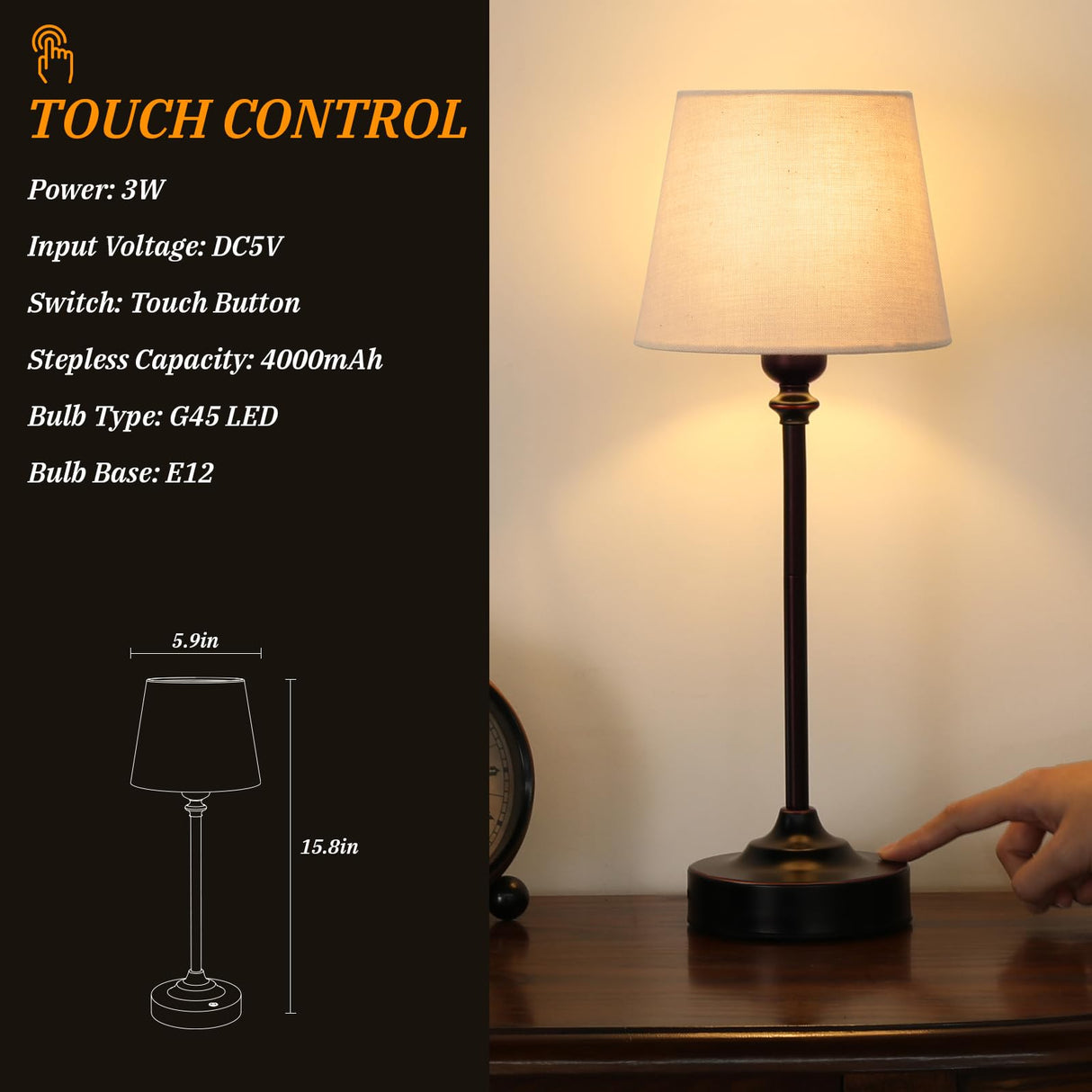 Cordless Table Lamp Rechargeable Bronze - 1 Pack Brass 4000mAH Battery Operated Lamp for Decor, 3000K Stepless Dimming Touch Control Wireless Lamp for Bedroom, Dining Table, Counter, Living Room