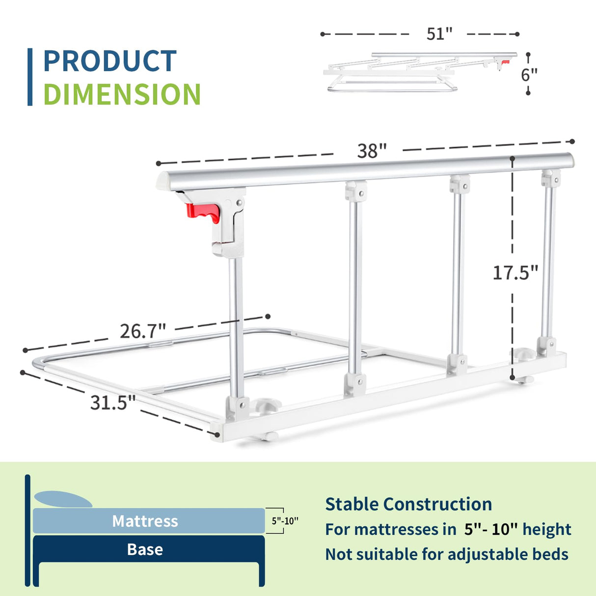 CanFord Bed Rails for Elderly Adults Safety, Folding Bedside Assist Rail Handle, Fall Prevention Safety Hand Guard Grab for Seniors & Surgery Patients, Fit King, Queen, Full, Twin(Tool-Free Assembly)