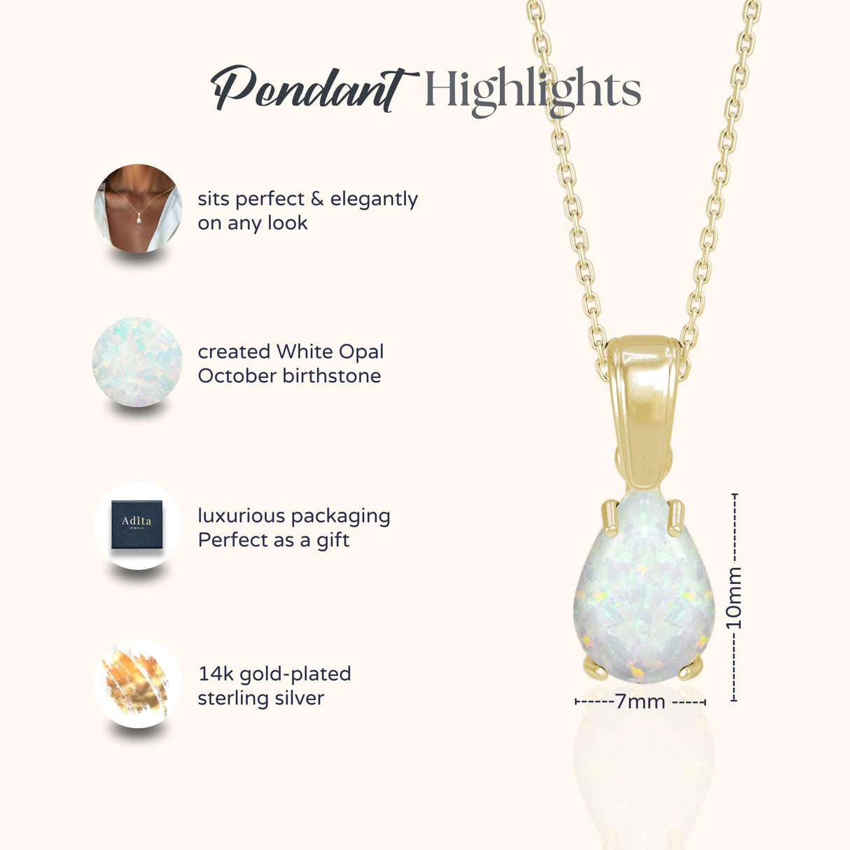 ADITA GOLD White Opal Pendant Birthstone Necklace for Women, Gold Plated