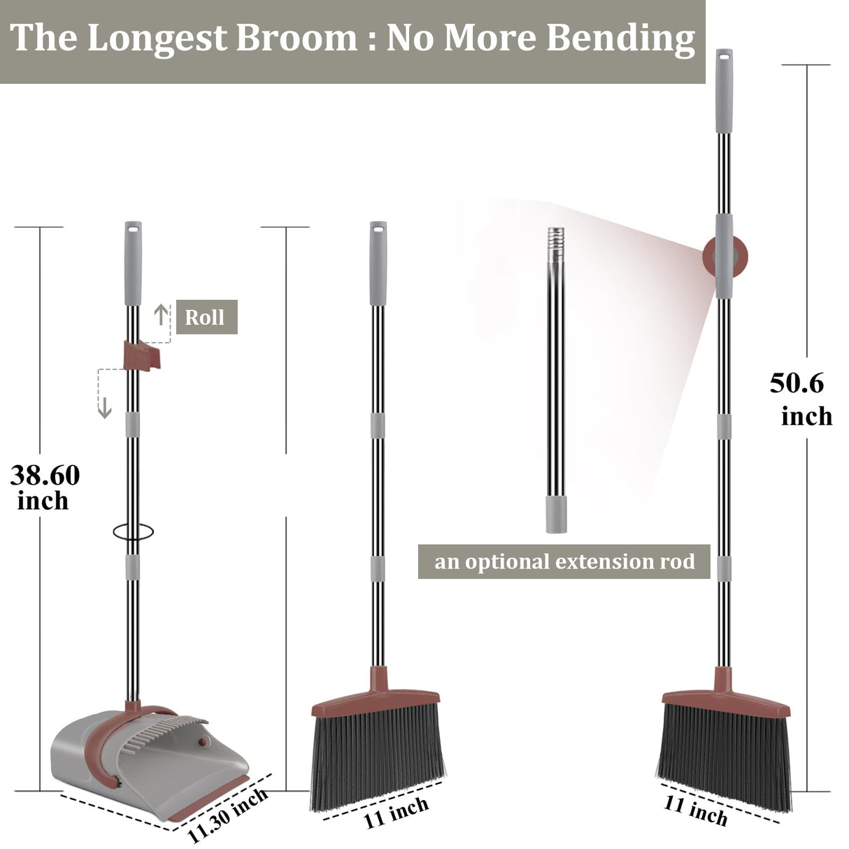 Ivandar Broom with Dustpan Combo Set, 50.6 inch Long Handle, Upright Standing Broom and Dustpan Set Quiet Cleaning Tool Sweep The Floor Dust pan Removes 4 Times More Pet Hair(Brown and Gray)