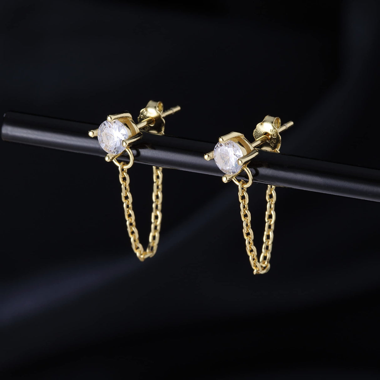 Reffeer 925 Sterling Silver CZ Chain Studs Earrings Dangle for Women Teen Girls CZ Chain Drop Earrings Studs (B-Gold)