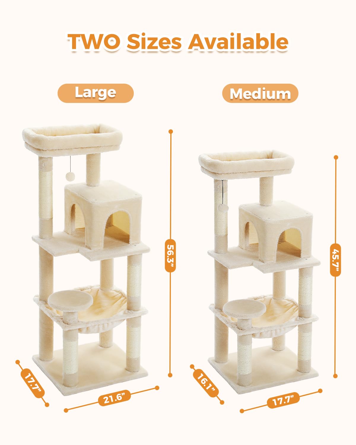 MUTTROS Cat Tree for Large Cats Adult with Metal Plush Big Hammock, 56.3" Cat Tower with 2 Door Condo House, 6-Tier Cat Shelves with Scratching Posts and Large Top Perch, Beige