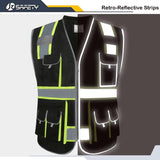 JKSafety 10 Pockets Hi-Vis Zipper Front Black Safety Vest | Cushioned Collar | High Reflective Tapes with Extended Neon Yellow Strips | Meets ANSI/ISEA Standards (Large, 89-Black)