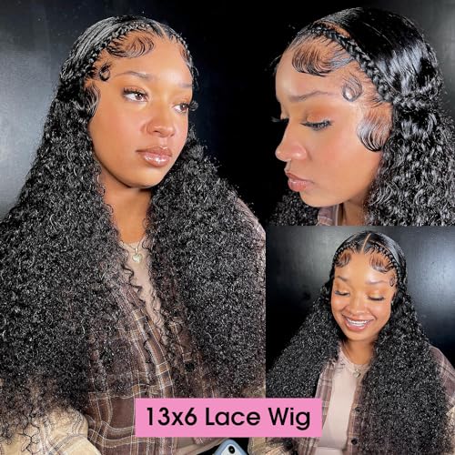 Ksflaae 13x6 Lace Front Wigs Human Hair Pre Plucked 180% Density HD Transparent Water Wave Lace Frontal Wigs Human Hair for Women Curly Lace Front Wigs with Baby Hair Natural Color 26Inch