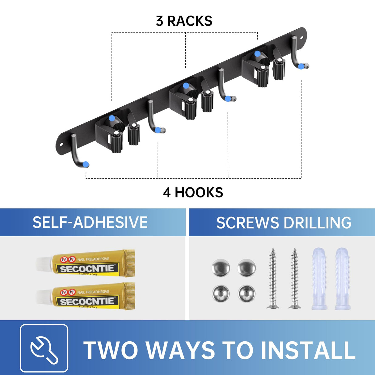 ZONGOOL 2 Pack 3 Racks and 4 Hooks Mop and Broom Holder Wall Mount, Heavy Duty Broom Hanger Organizer Storage Tool Racks Stainless Steel Self Adhesive Wall Hanger for Kitchen Garden Laundry Garage