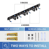 ZONGOOL 2 Pack 3 Racks and 4 Hooks Mop and Broom Holder Wall Mount, Heavy Duty Broom Hanger Organizer Storage Tool Racks Stainless Steel Self Adhesive Wall Hanger for Kitchen Garden Laundry Garage