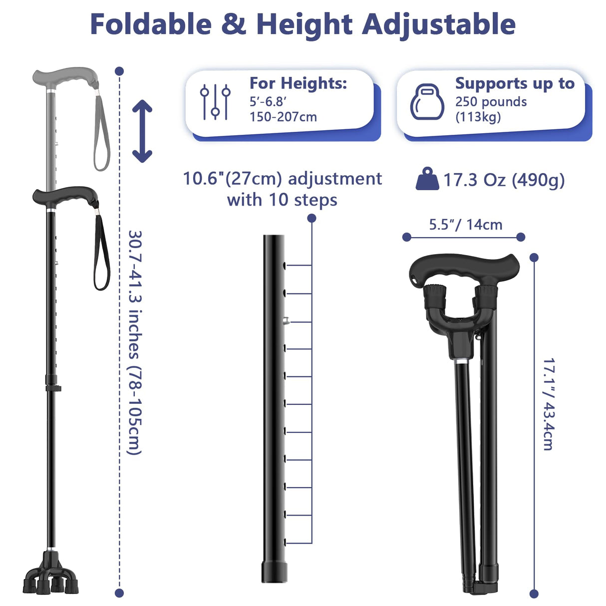 TriPro Walking Cane for Women & Men, Small Base Quad Cane, Pivot Tip,Self Standing,Heavy Duty,Adjustable Folding Cane, 4 Prong Canes for Men & Women, Collapsible Walking Sticks for Seniors & Adults