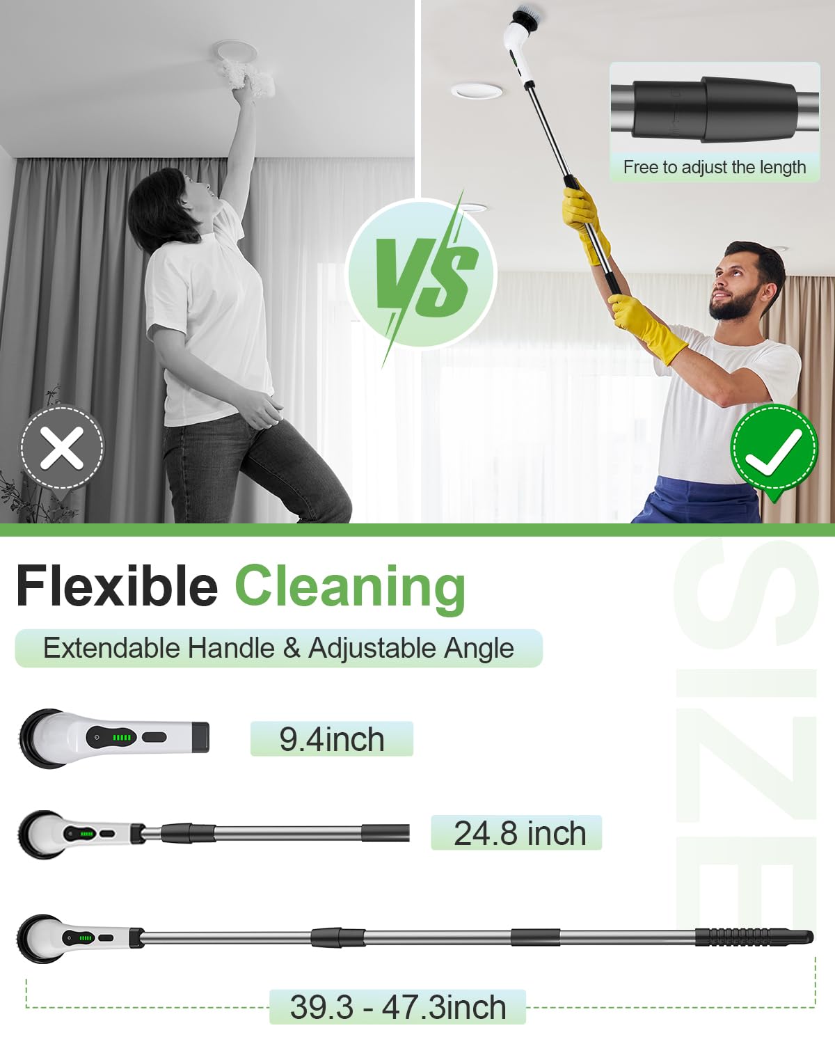 Electric Spin Scrubber, Cordless Power Cleaning Brush with 9 Replaceable Brush Heads, Bathroom Scrubber with Extension Arm, 2-Speed Motorized Tile Floor Scrubber for Tub, Sink, Wheel, White-ra1