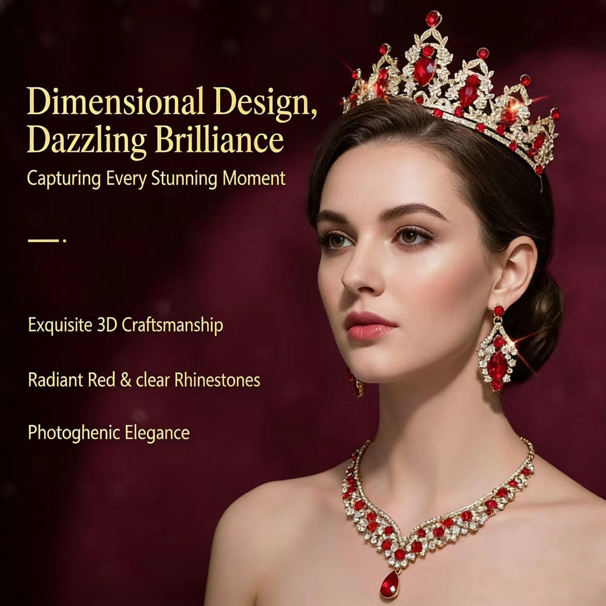 Geurlev Tiaras and Crowns for Women,Tiaras Earrings Necklace, Crystal Bridal Jewelry Set (Gold Red)