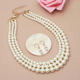 S SUSANN Costume Layered Gold Pearl Necklace Choker Chunky Glass Statement Necklace and Earring, good gift for women Faux pearl necklace (Pearl collar necklace)