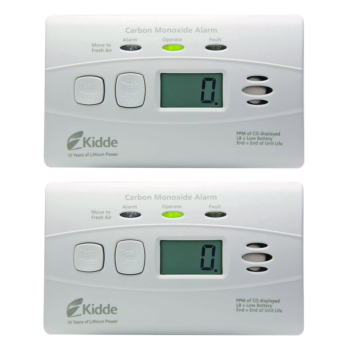Kidde Carbon Monoxide Detector with 10-Year Battery, Digital Display, 3 LEDs, 2 Pack and Smoke Detector, 10-Year Battery, LED Lights & Replacement Alert