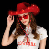 Funcredible Santa Light Up Cowboy Hat and Glasses - Christmas Cowgirl Hat - Feather Led Red Hats - Xmas Cowgirl Outfits for Women