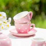 TUZT Porcelain Tea Party Set for Little Girls, Kids, Toddlers - 13Pcs Pink Heart Ceramic Set with Pot, Cups, Saucers & Carrying Case - Pretend Play Kitchen Toys - Christmas Birthday Gift for Girls