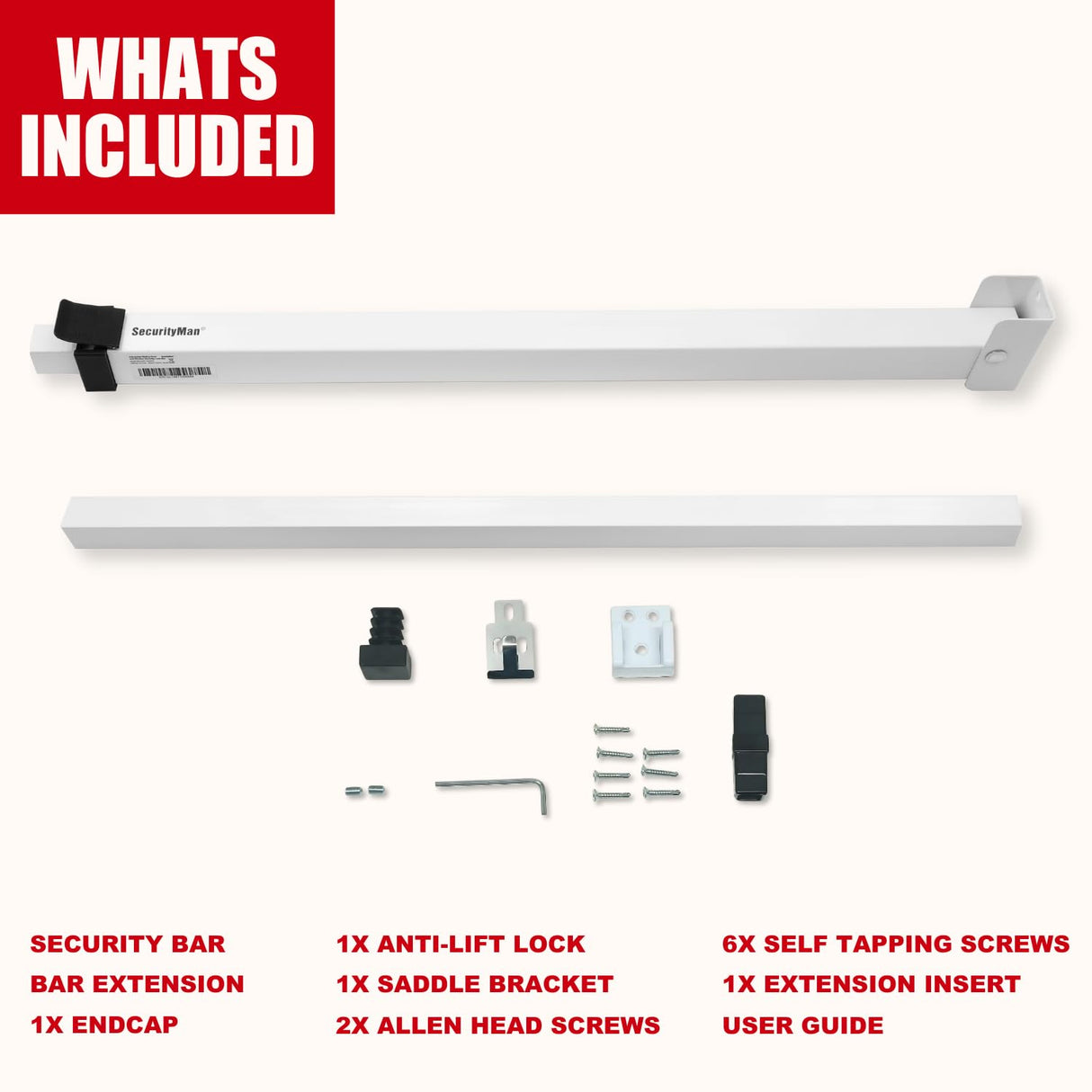 SECURITYMAN Sliding Door Security Bar-Child Proof Sliding Door Lock Bar with Anti Lift Lock - Fits Most Doors & Windows - Adjustable Patio Door Security Bar (18.75"- 51.1") - White