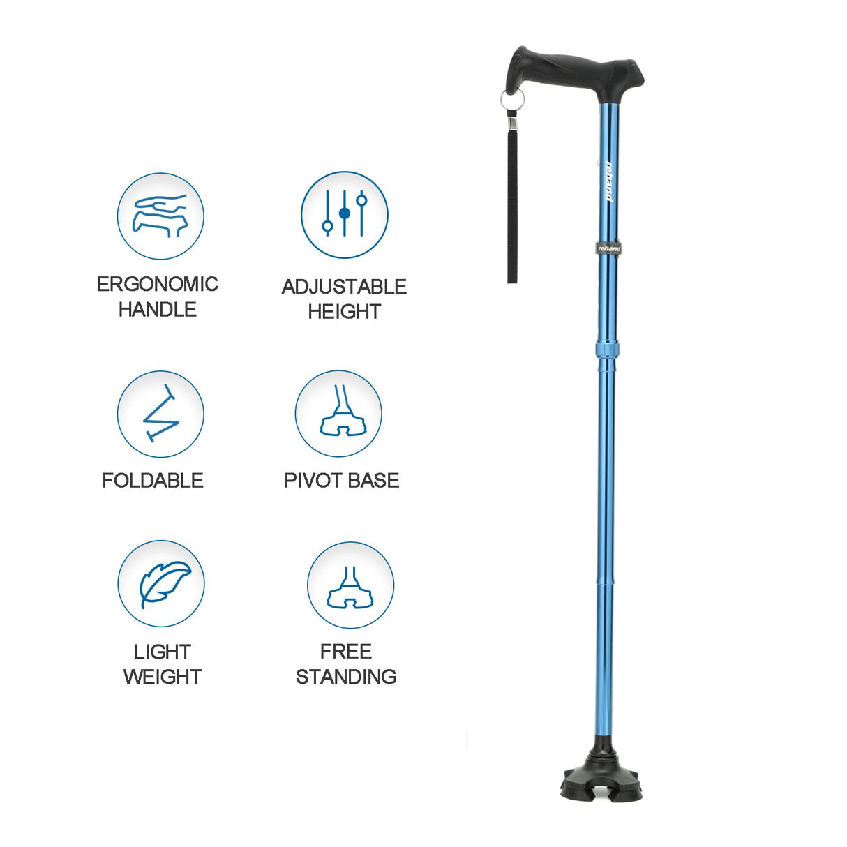 REHAND Walking Cane for Men & Women - Foldable, Adjustable, Lightweight, Self Standing Pivot Walking Cane, Soft Handle Grip, with Travel Bag, Walking Sticks for Seniors & Adults (Blue)