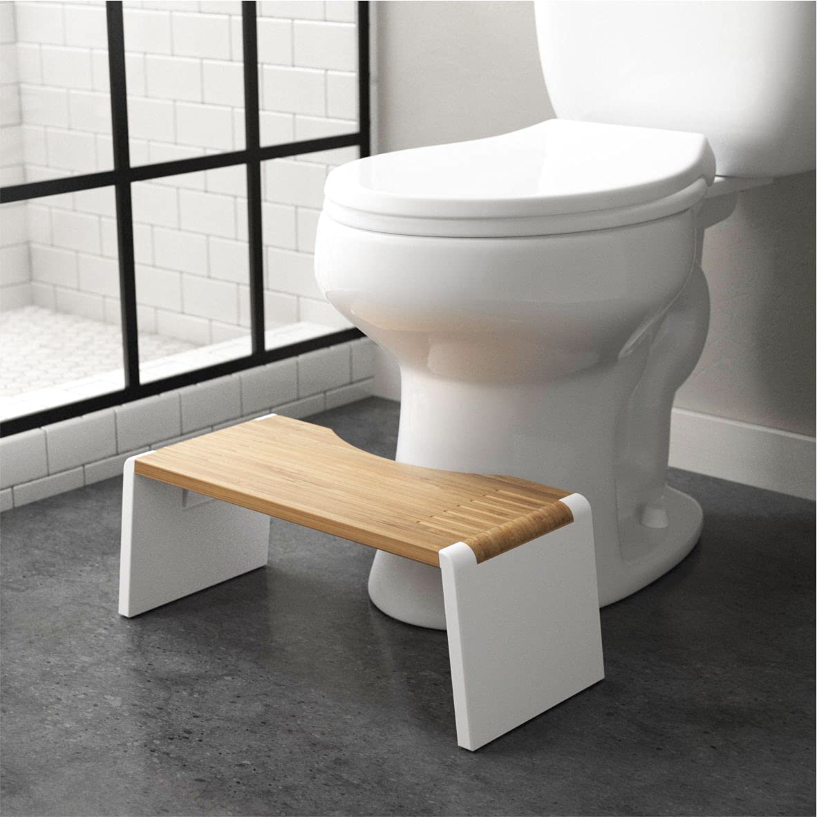 Squatty Potty Stockholm Folding Bamboo Toilet Stool 7" Collapsible, Brown and White, 1 Count