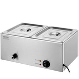 VEVOR 110V 2-Pan Commercial Food Warmer 1200W Electric Steam Table 15cm/6inch Deep Stainless Steel Bain Marie 24 Quart for Buffet Catering, Silver