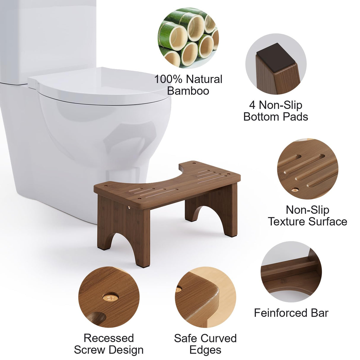 Wooden Squatting Potty Stool for Adults, 6.7 Inch Toilet Stool Poop Stool Adult, Bamboo Wood Toilet Stools Squat for Pooping, Portable Toilet Step Stool for Bathroom, Brown