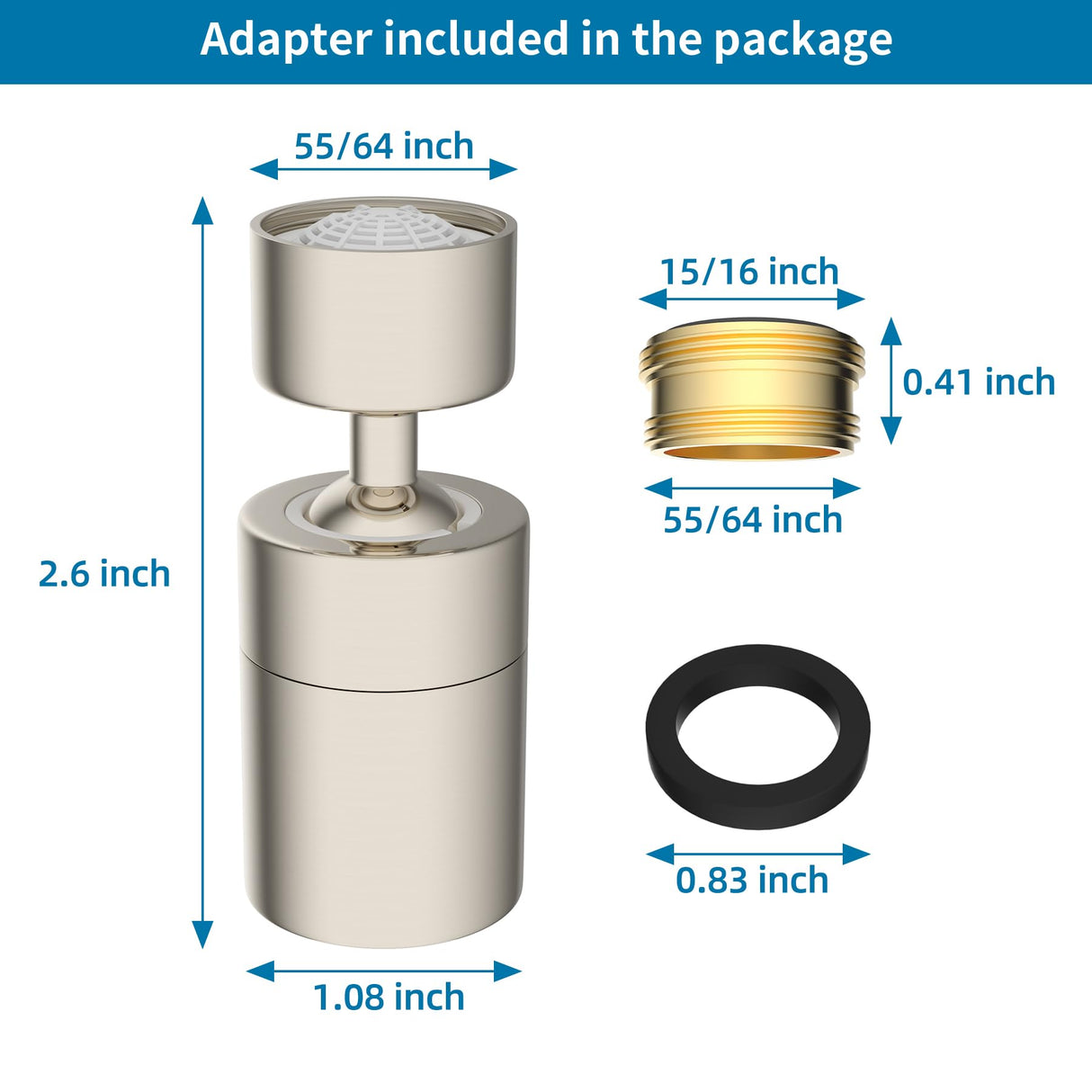 Hibbent NSF/ANSI/CAN 61 Certified Faucet Aerator, Kitchen Sink Faucet Aerator, 2 Water Flow CUPC Certification 360-degree Swivel Faucet Extender, 55/64 Inch Female Thread, Water Saving-Brushed Nickel