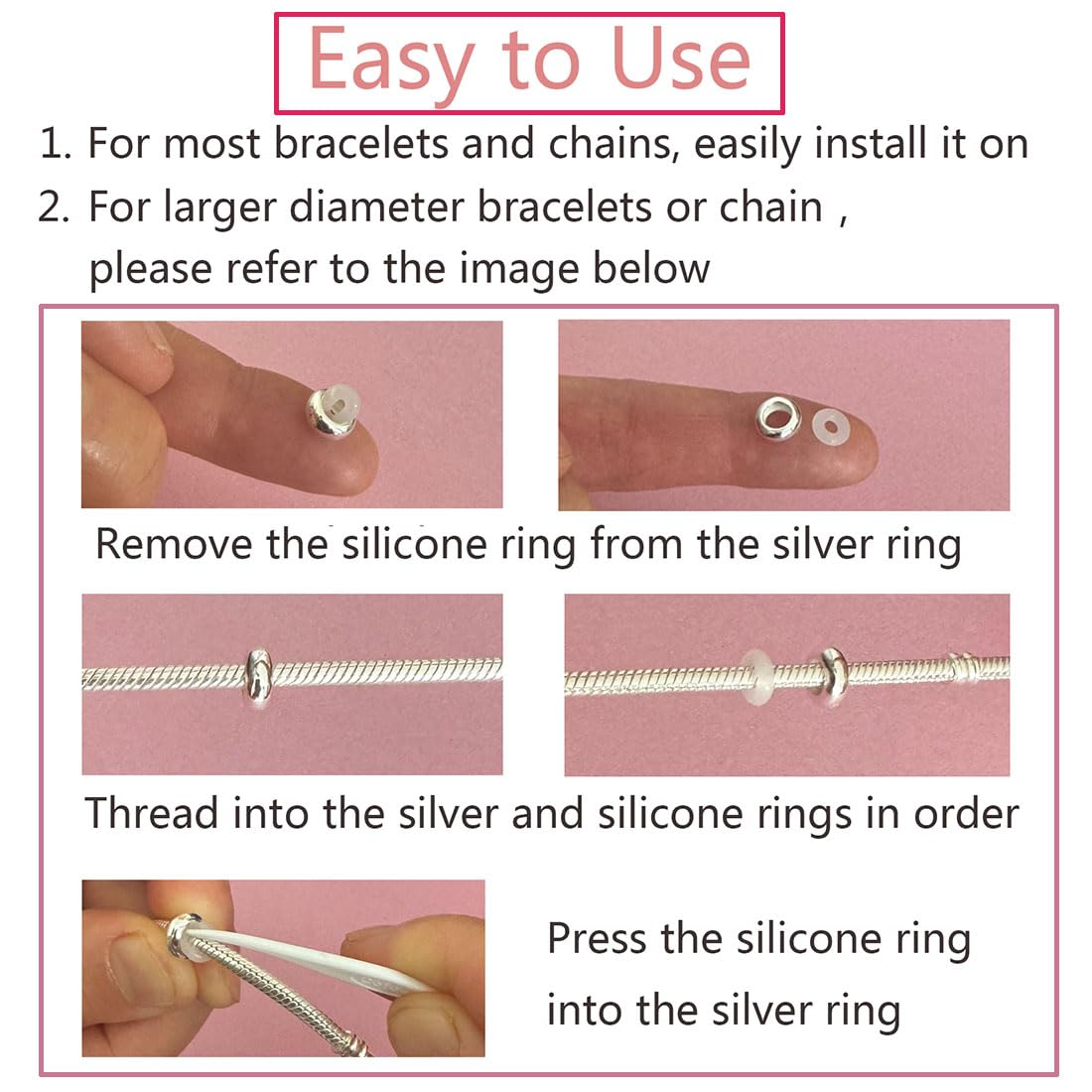 LAMOONY Clip Stopper Charms Sterling Silver Rondelle Spacer Bead for Bracelets (Silver) (Silver-4pcs)