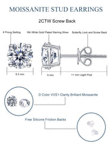 Moissanite Stud Earrings Hypoallergenic 925 Sterling Silver stud Earrings for Women Round Cut D Color VVS1 18K White Gold Plated Moissanite Earrings for Women Men Screw Back 2CTW 6.5mm