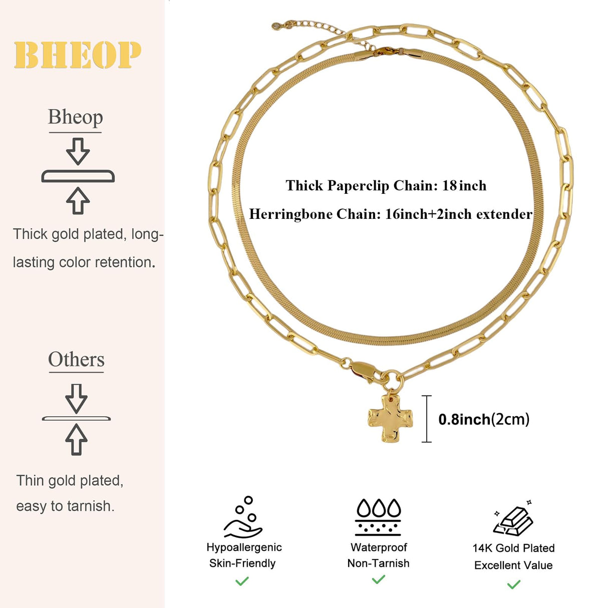 Bheop Chunky Cross Necklace for Women, Gold Layered Herringbone Necklace