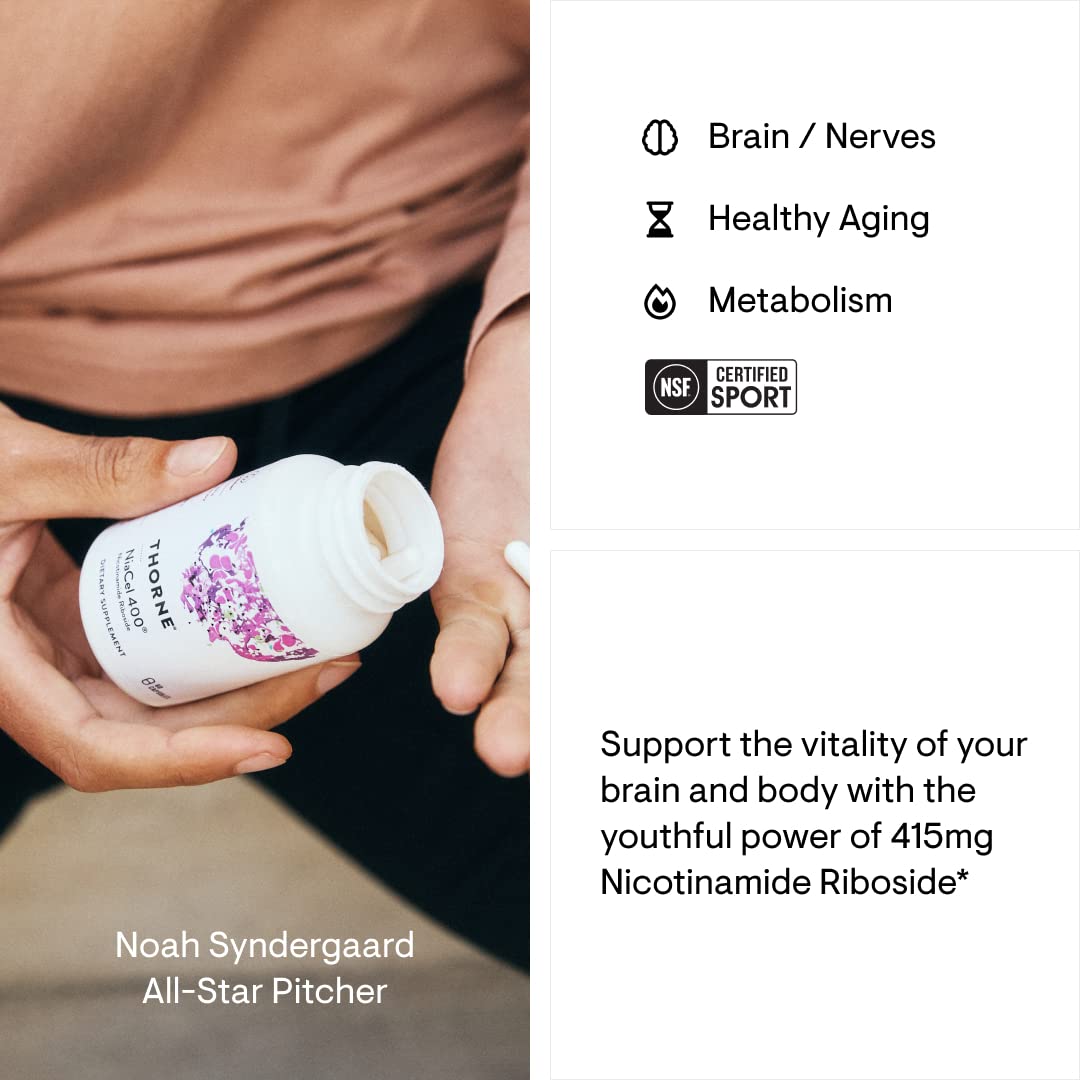 THORNE - NiaCel 400 - NAD Supplement - Nicotinamide Riboside - Support Healthy Aging, Cellular Energy Production, & Sleep-Wake Cycle* - NSF Certified for Sport - Gluten Free - 60 Capsules- 60 Servings