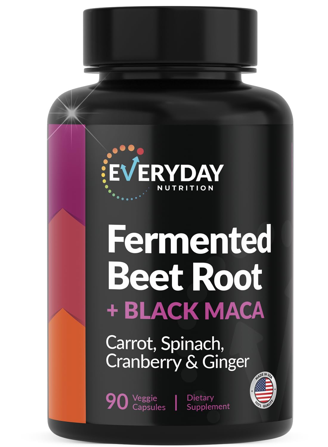 EVERYDAY NUTRITION Organic Fermented Beet Root, Black Maca, Carrot, Spinach, Cranberry, Ginger |Enhanced Overall Health for Women & Men | Made in USA | 90 Veggie Capsules