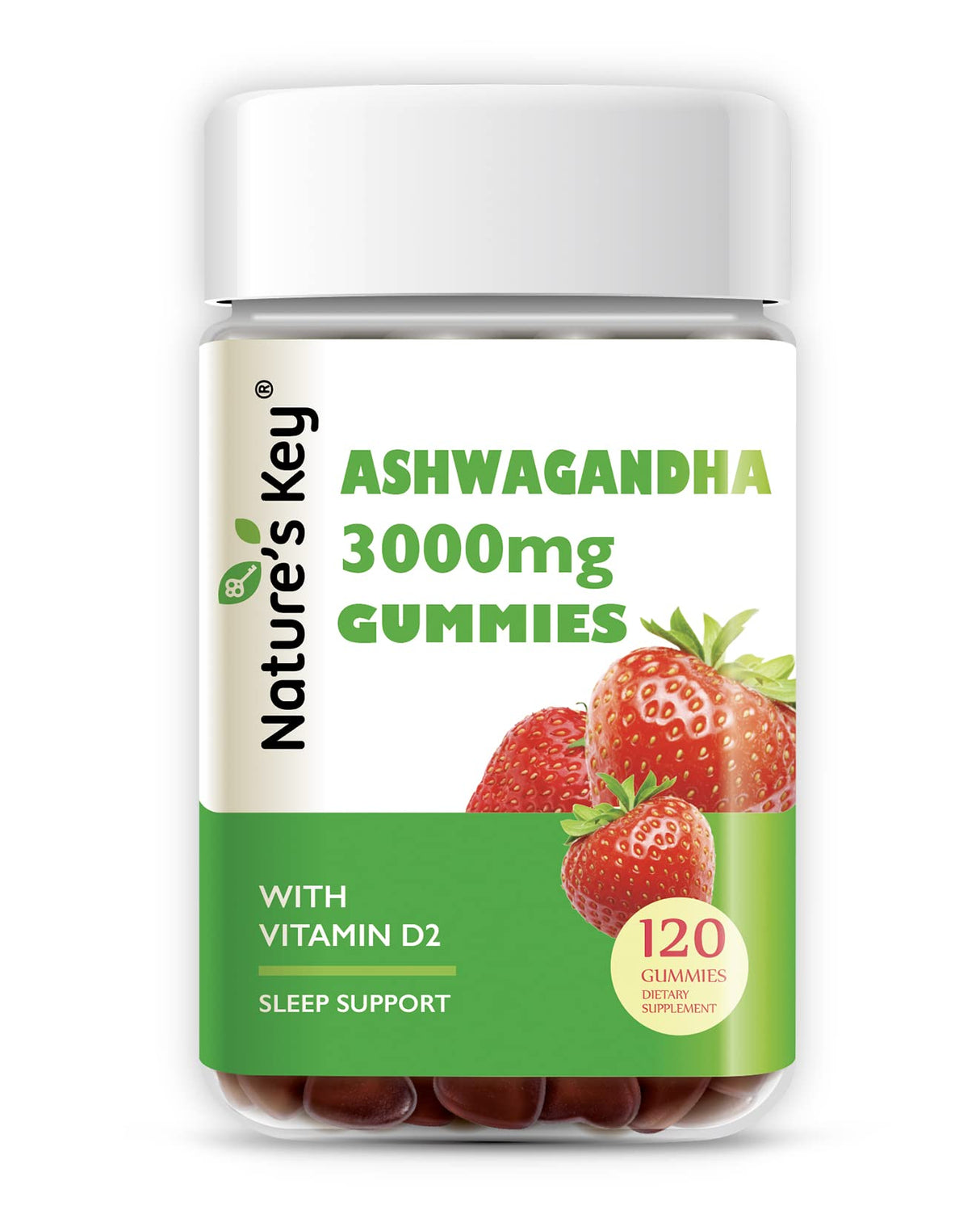 Nature's Key Ashwagandha Gummies, High Potency Ashwagandha Root Extract with Vitamin D2, for Men & Women, Stress, Calm Mood & Cognition, Strawberry Flavor (120 Count (Pack of 1)