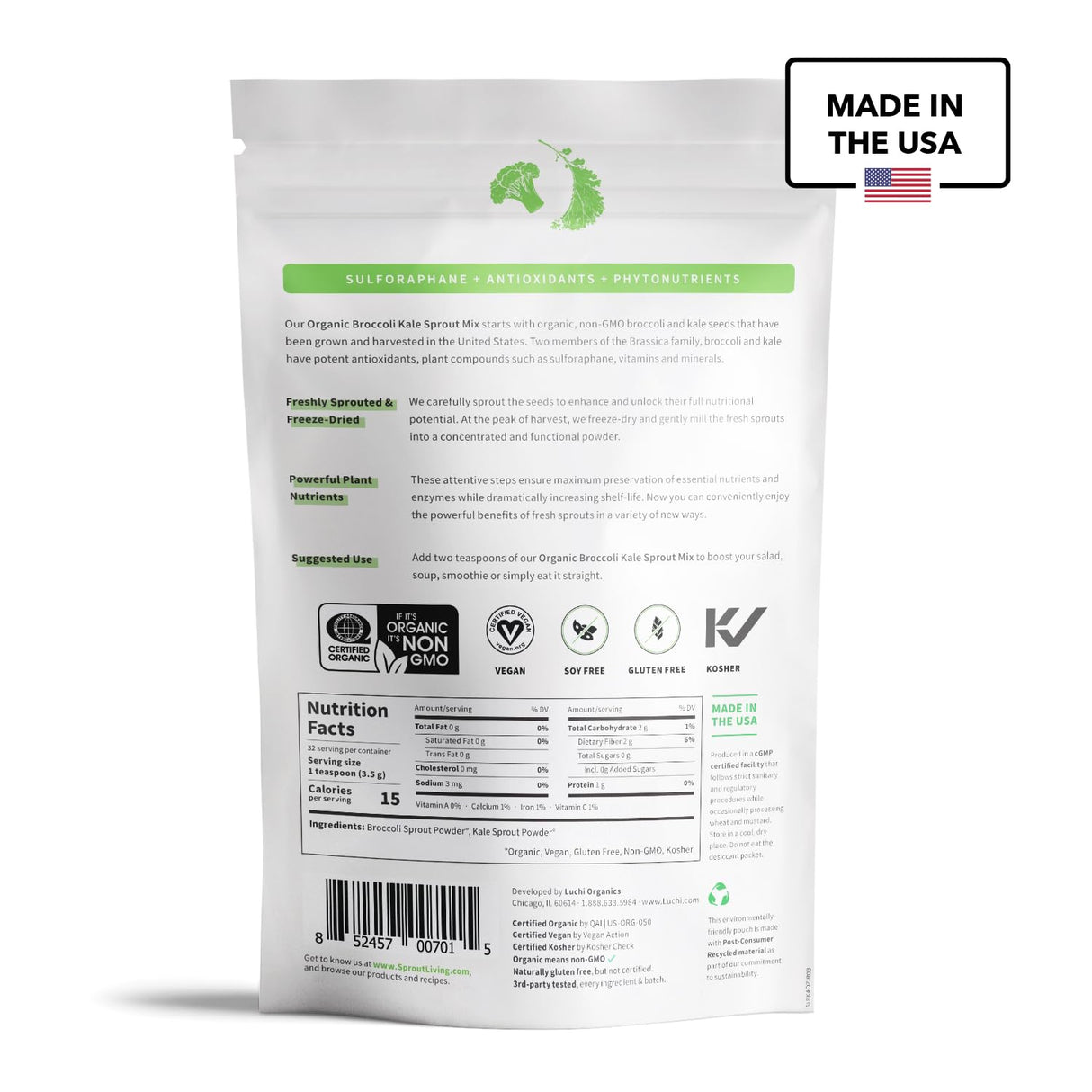 Sprout Living Broccoli and Kale Organic Sprout Mix, Freeze Dried Superfood Greens Powder, 100% Pure, Vegan, Non-GMO, Gluten Free (4 ounces, 32 servings)